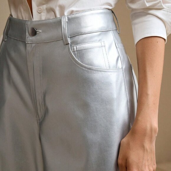Silver Elegant Women's Faux Leather Urban Metallic Straight Leg Wide Leg Pants - Picture 5 of 5